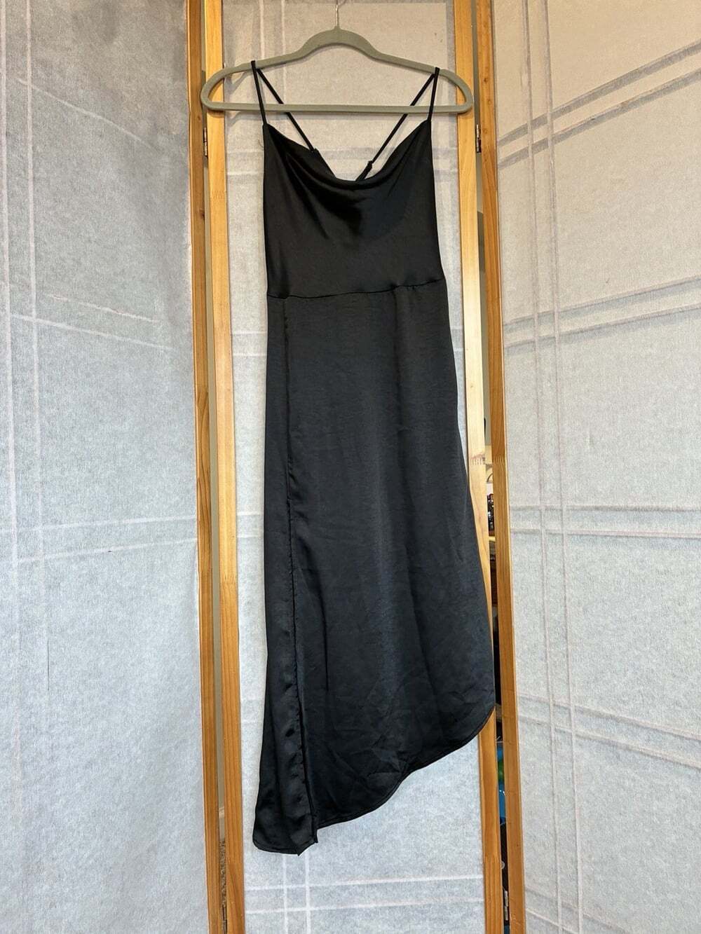 Black Vamp Goth Asymmetrical Cowl Neck Black Satin Dress Side Slit Sz4 Nasty Gal